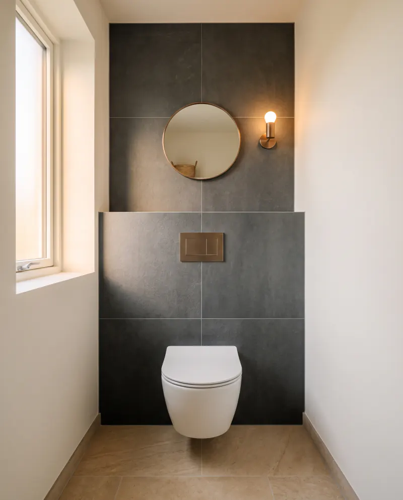 Sfeerbeeld: klein toilet met voorzetwand en zwevend toilet, de bedieningsplaat tussen de voegen