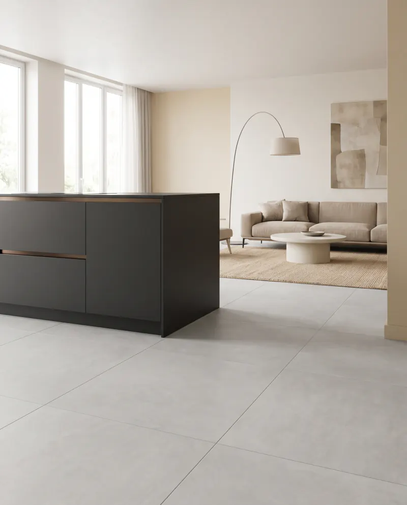 Sfeerbeeld: keuken en woonkamer met een doorlopende vloer van 60 × 60 cm tegels in warm lichtgrijs